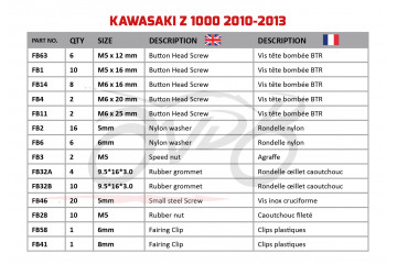 Kit de visserie AVDB spécifique pour carénages KAWASAKI Z1000 2010 - 2013