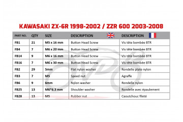 Kit de tornillos AVDB complementario para carenados KAWASAKI ZX6R 1998 - 2002 / ZZR 600 2005 - 2008