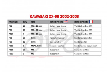 Kit de tornillos AVDB complementario para carenados KAWASAKI ZX9R 2000 - 2003