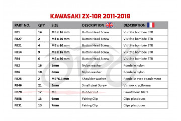 Kit de tornillos AVDB complementario para carenados KAWASAKI ZX10R / ZX10RR 2011 - 2020