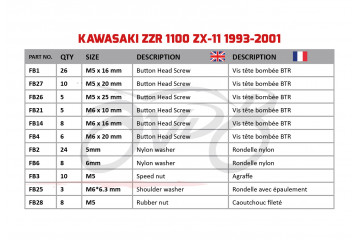 Kit de visserie AVDB spécifique pour carénages KAWASAKI ZZR 1100  1993 - 2001