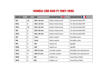 Spezifischer Schraubensatz AVDB für Verkleidungen HONDA CBR 600 F1 1987 - 1990