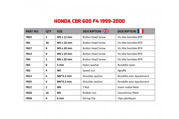 Kit de visserie AVDB spécifique pour carénages HONDA CBR 600 F4 1999 - 2000