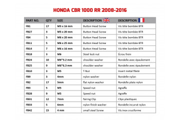 Kit de visserie AVDB spécifique pour carénages HONDA CBR 1000 RR 2012 - 2016