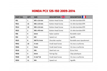 Kit de visserie AVDB spécifique pour carénages HONDA PCX 125 / 150 2009 - 2014
