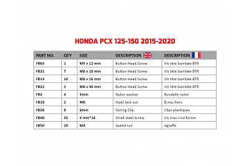 Kit de visserie AVDB spécifique pour carénages HONDA PCX 125 / 150 2015 - 2020