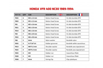 Kit de visserie AVDB spécifique pour carénages HONDA VFR 400 NC30 1989 - 1994